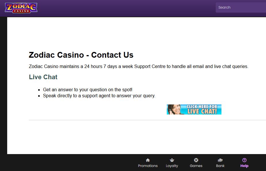 Contact Zodiac Casino support team via live chat